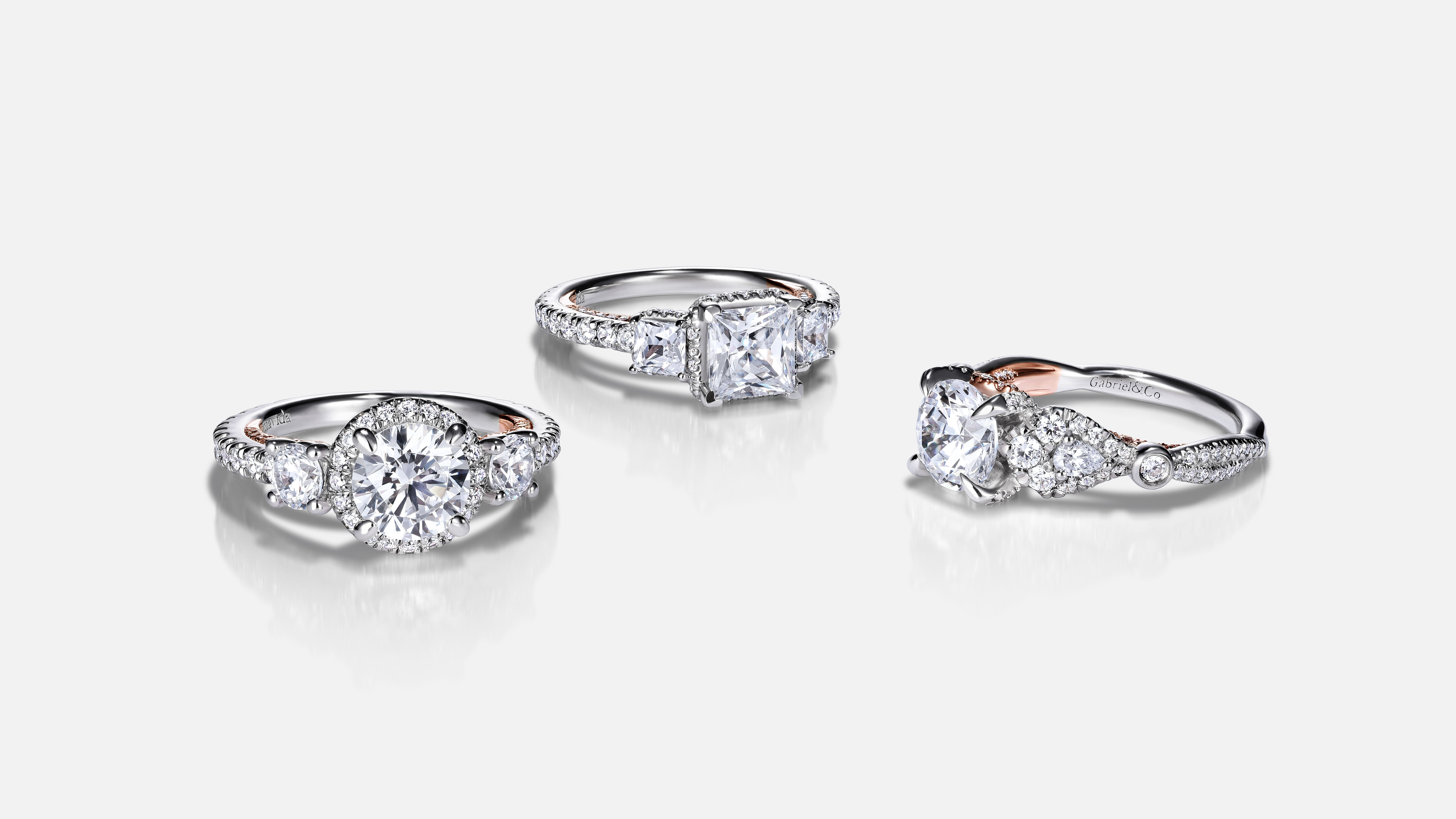 18K White-Rose Gold Round Three Stone Diamond Engagement Ring angle 